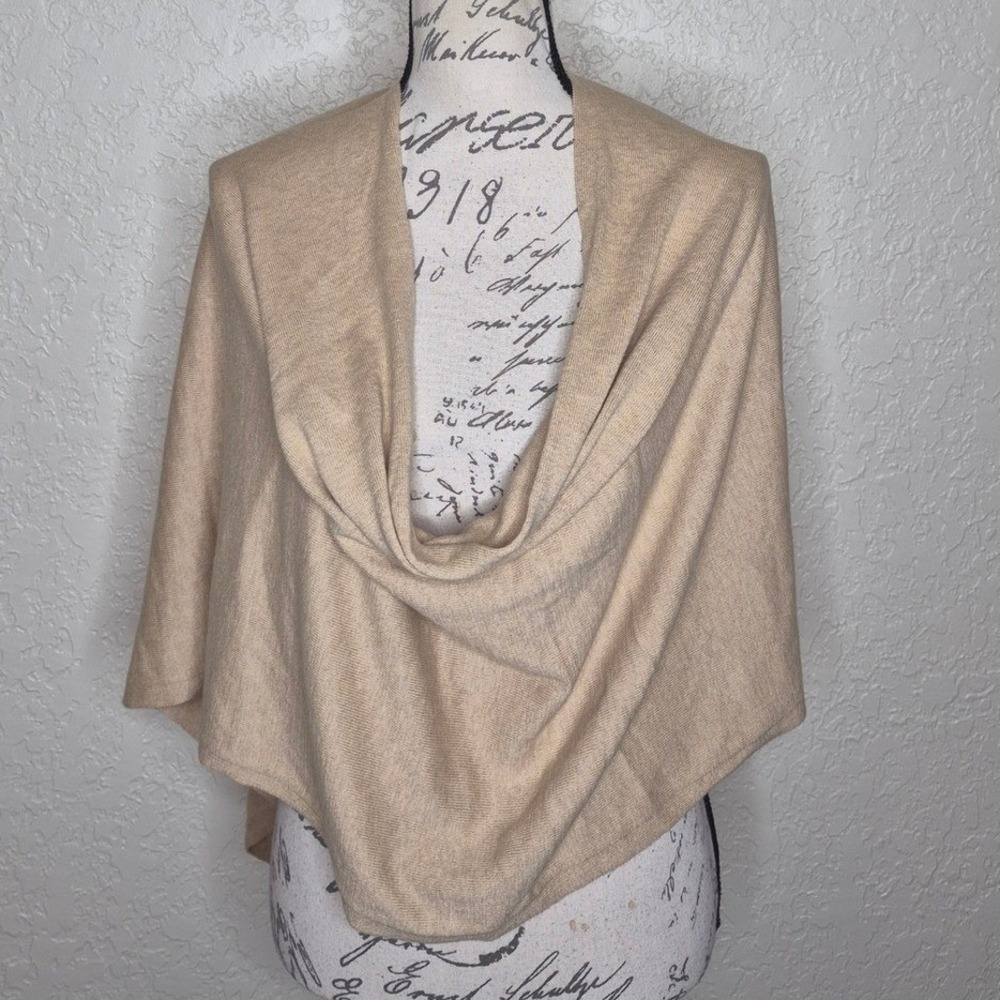 Hannah Rose Tan Cotton Cashmere Blend Knit Poncho Wrap OS